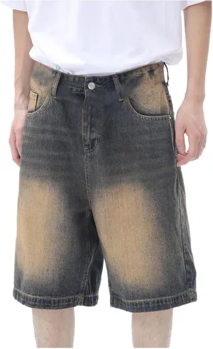 Mens Wide Leg Hip Hop Cropped Jean Shorts Baggy Denim Shorts with Pockets Aesthetic Pants Streetwear Clothes