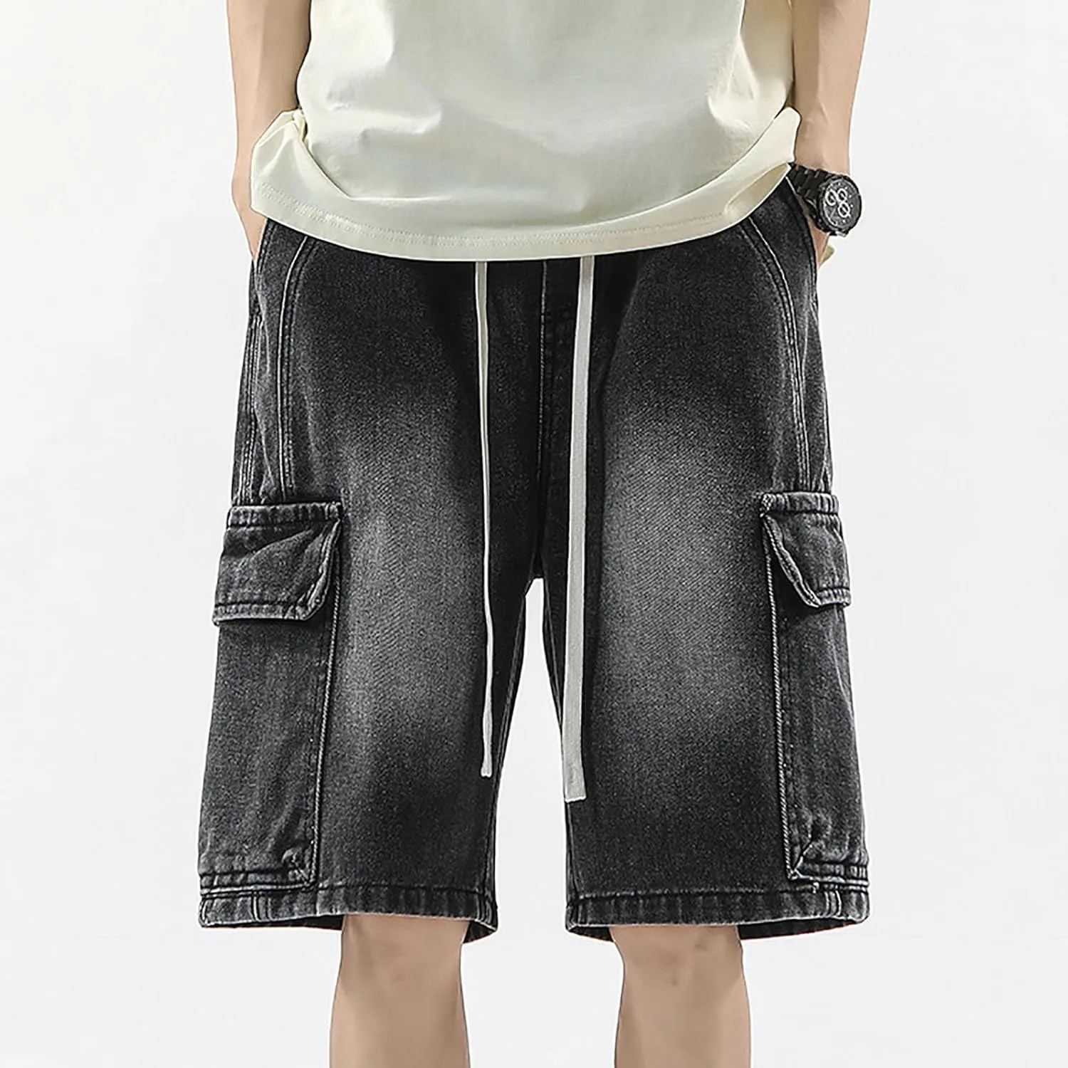 Men's Wide Leg Y2K Hip Hop Mid Jean Shorts Work Denim Shorts with Pockets Aesthetic Pants Streetwear Clothes