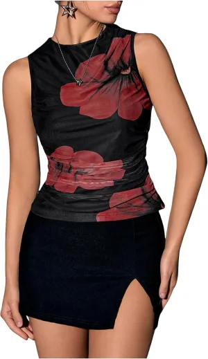 Milumia Women's Flower Print Mesh Top Sleeveless Mock Neck Ruched Tank Tops