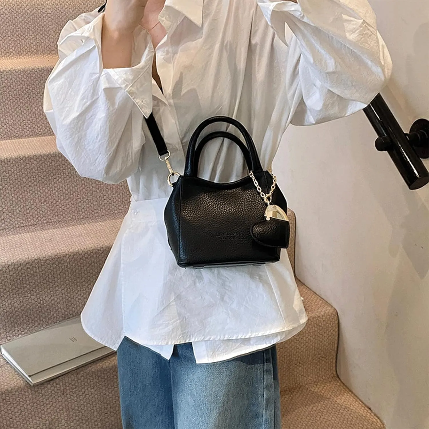 Mini Bucket Bag Vintage Peddled Leather Handbag with Heart Charm Small Bucket Bag Crossbody Purse