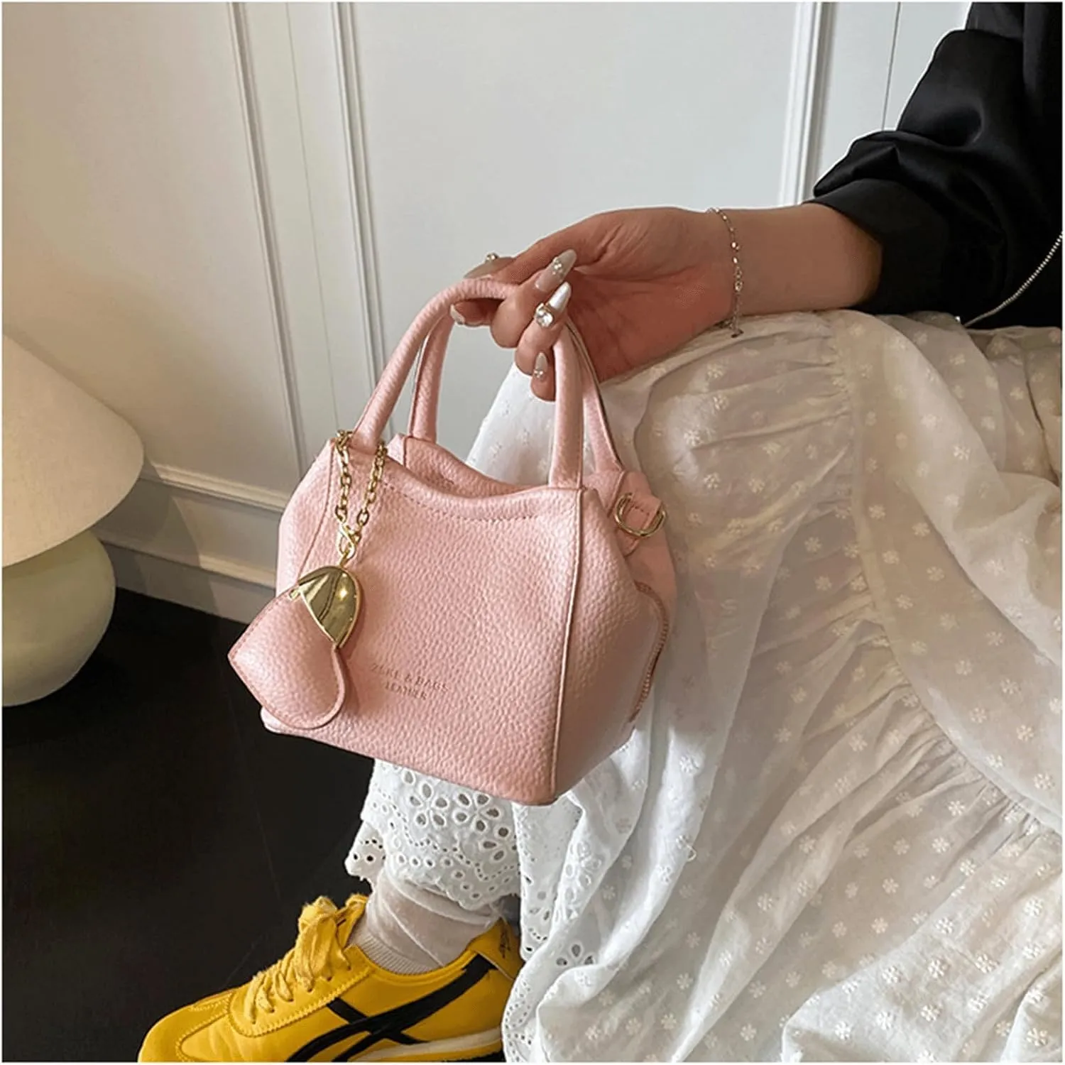 Mini Bucket Bag Vintage Peddled Leather Handbag with Heart Charm Small Bucket Bag Crossbody Purse