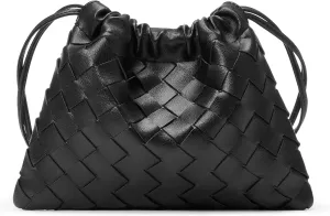Mini Woven Drawstring Pouch Crossbody Bag for Women PU Leather Small Vintage Dustbag Style Shoulder Bag Purse