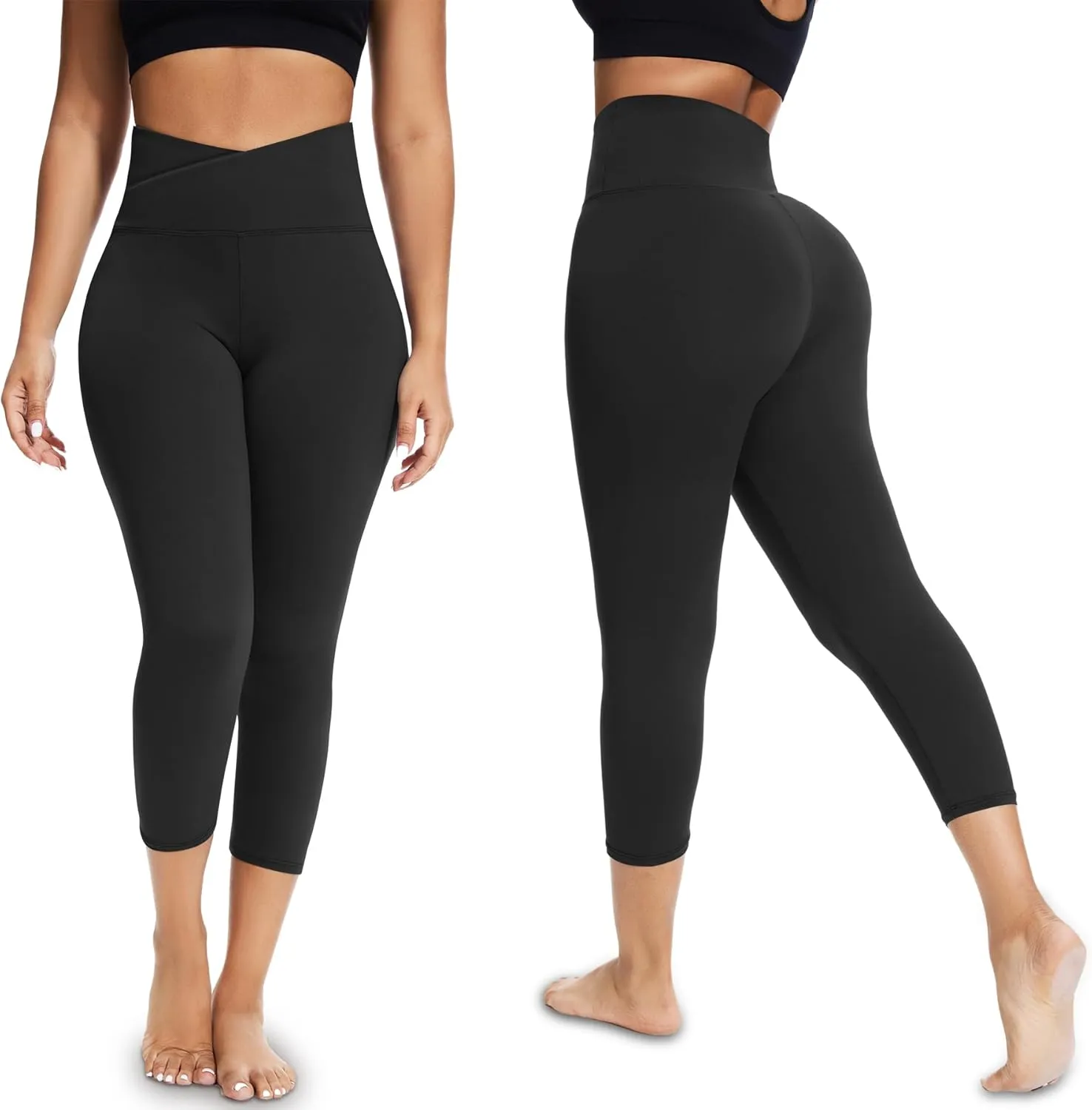 MOREFEEL V Cross Waist Capri Leggings for Women- Summer Workout Tummy Control Butt Lift Soft Sports Gym Yoga Pants Tights