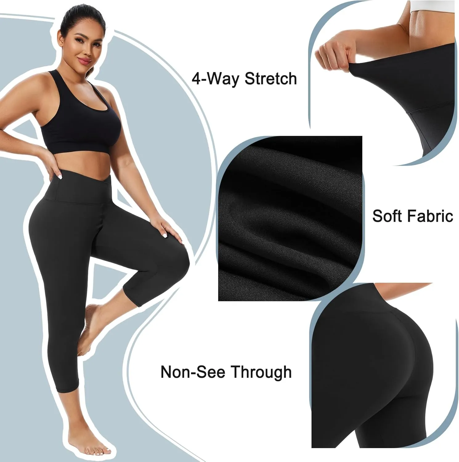MOREFEEL V Cross Waist Capri Leggings for Women- Summer Workout Tummy Control Butt Lift Soft Sports Gym Yoga Pants Tights