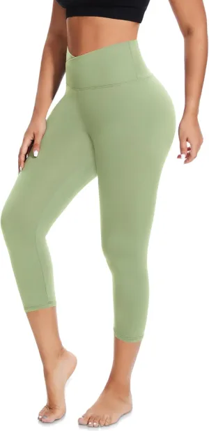 MOREFEEL V Cross Waist Capri Leggings for Women- Summer Workout Tummy Control Butt Lift Soft Sports Gym Yoga Pants Tights