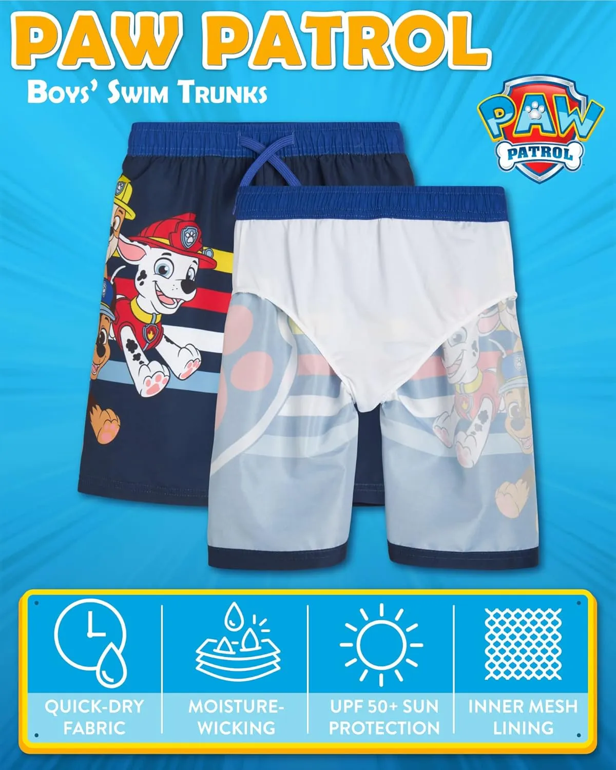 Nickelodeon Boys Swim Trunks - Paw Patrol Chase Marshall Rubble TMNT UPF 50  Quick Dry Boys Swim Shorts for Toddler & Big Kid