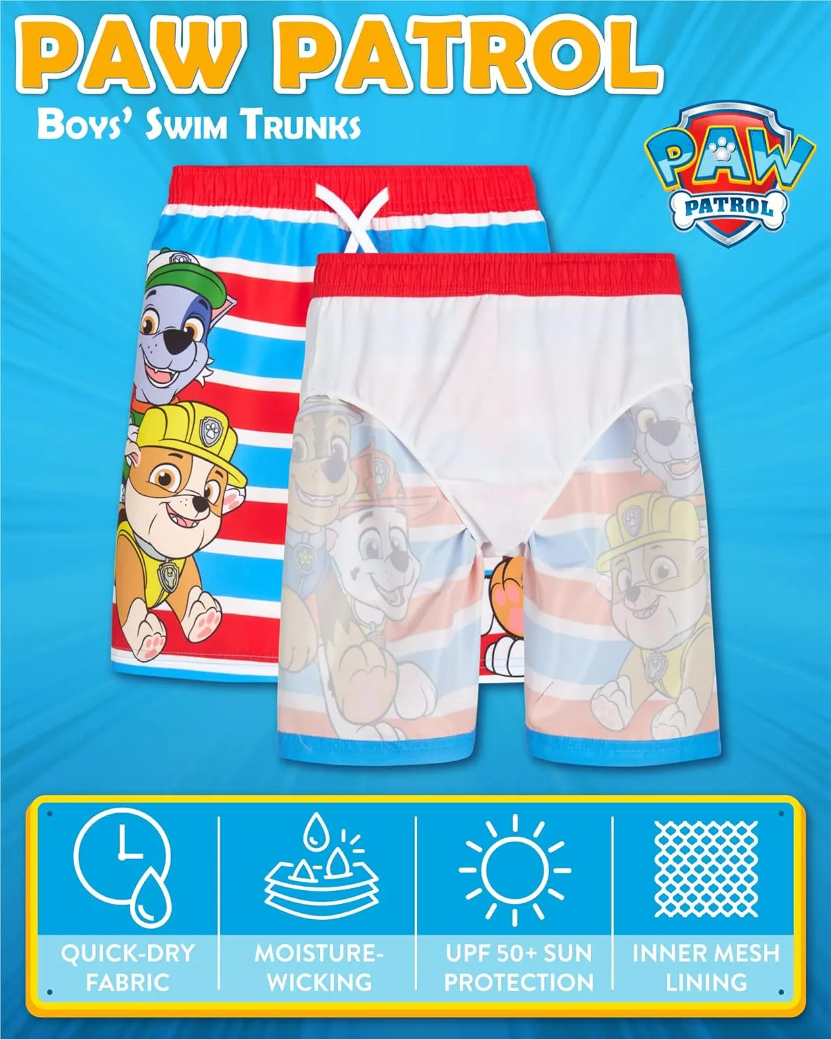 Nickelodeon Boys Swim Trunks - Paw Patrol Chase Marshall Rubble TMNT UPF 50  Quick Dry Boys Swim Shorts for Toddler & Big Kid