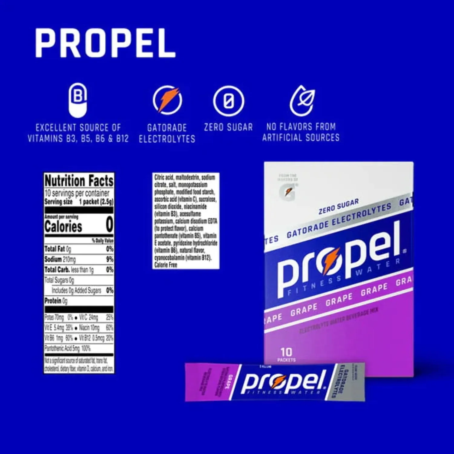 Propel Powder Packets Drink Mixes with Electrolytes, Vitamins and No Sugar, Grape, 0.08 oz, 10 Ct