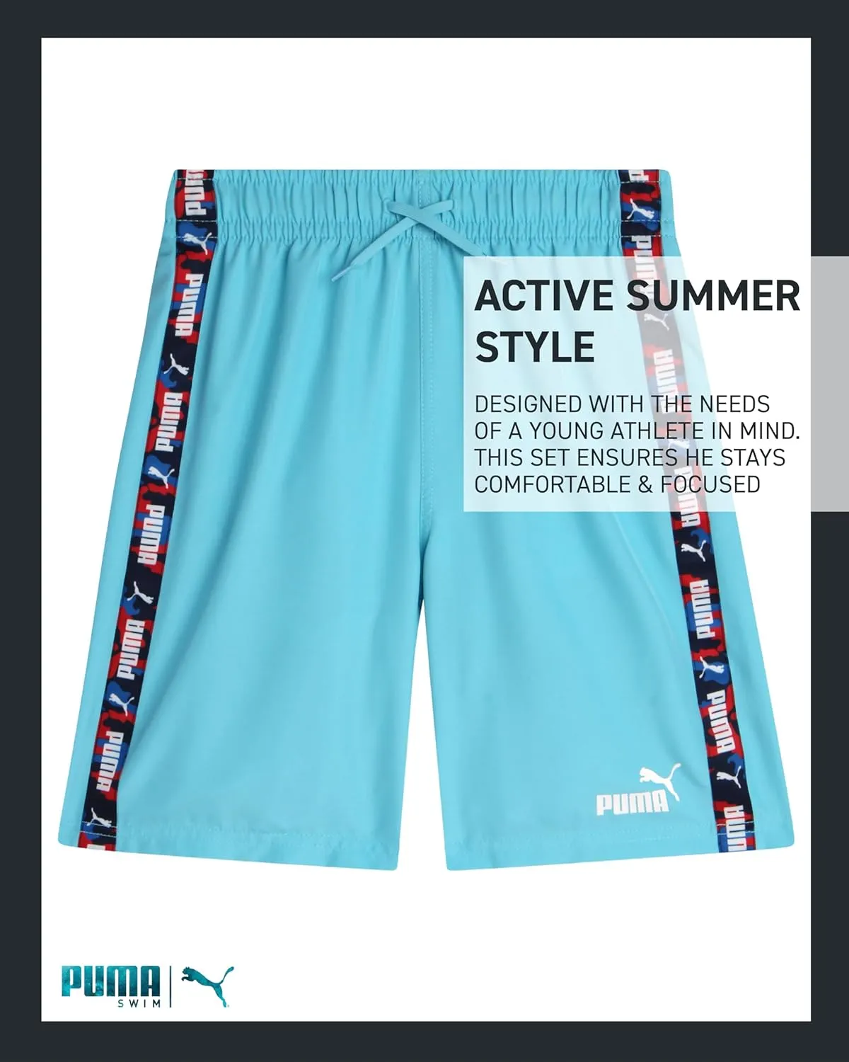 PUMA Boys Swim Trunks - 2 Pack Quick Dry Beach Bathing Suit Shorts for Boys with Breathable Mesh Lining (Sizes: S-XL)
