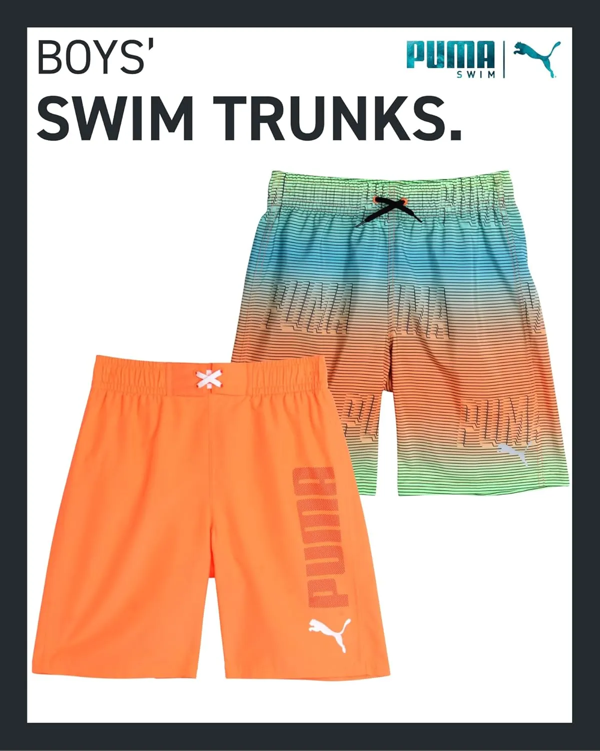 PUMA Boys Swim Trunks - 2 Pack Quick Dry Beach Bathing Suit Shorts for Boys with Breathable Mesh Lining (Sizes: S-XL)