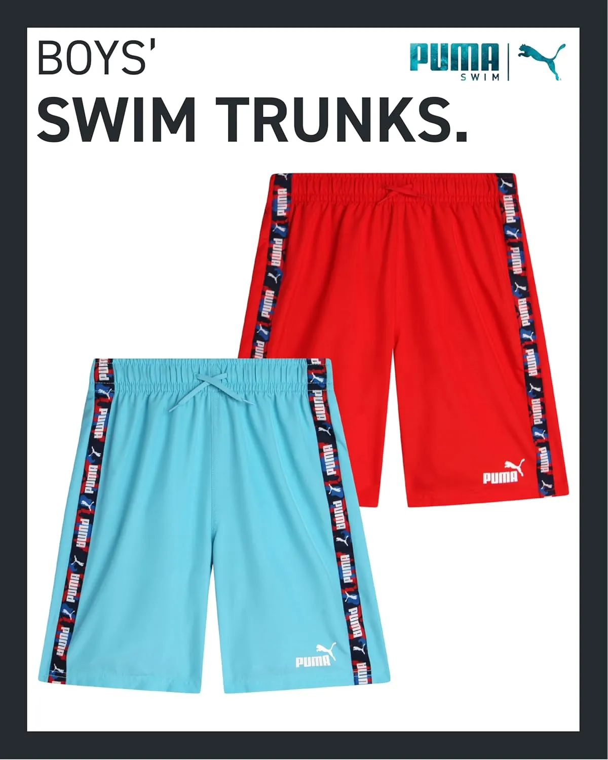 PUMA Boys Swim Trunks - 2 Pack Quick Dry Beach Bathing Suit Shorts for Boys with Breathable Mesh Lining (Sizes: S-XL)