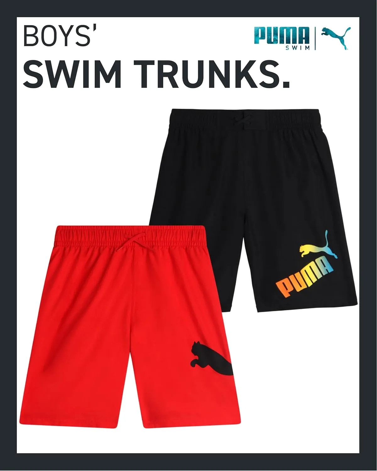 PUMA Boys Swim Trunks - 2 Pack Quick Dry Beach Bathing Suit Shorts for Boys with Breathable Mesh Lining (Sizes: S-XL)