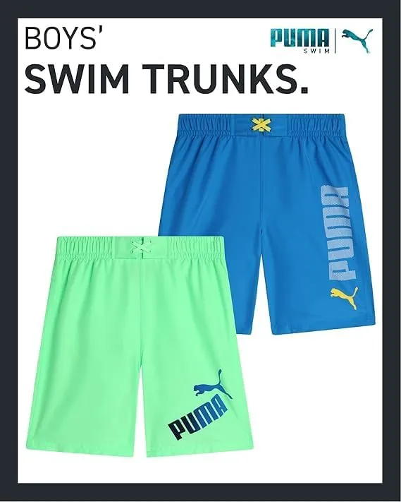 PUMA Boys Swim Trunks - 2 Pack Quick Dry Beach Bathing Suit Shorts for Boys with Breathable Mesh Lining (Sizes: S-XL)
