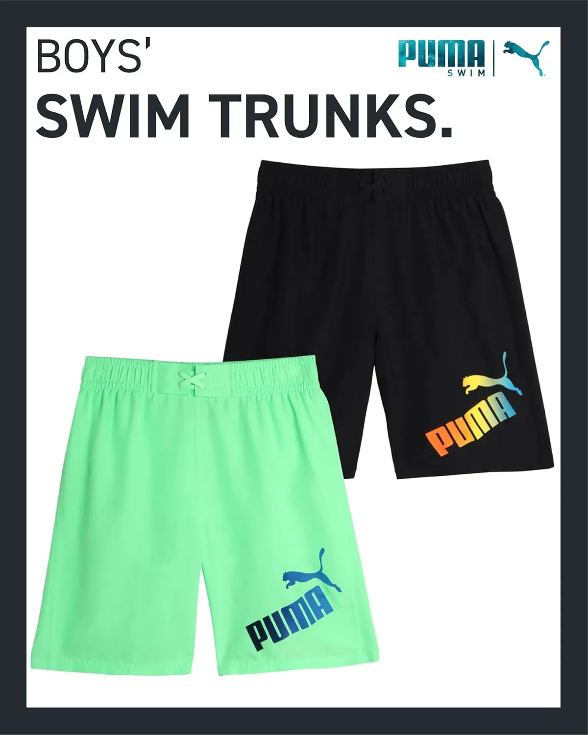 PUMA Boys Swim Trunks - 2 Pack Quick Dry Beach Bathing Suit Shorts for Boys with Breathable Mesh Lining (Sizes: S-XL)