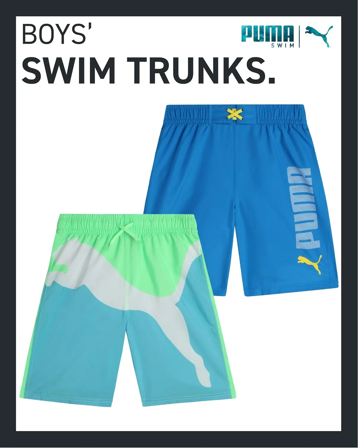 PUMA Boys Swim Trunks - 2 Pack Quick Dry Beach Bathing Suit Shorts for Boys with Breathable Mesh Lining (Sizes: S-XL)