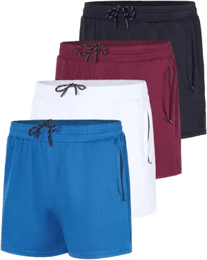 Real Essentials 4 Pack: Men's 3 Inch Mesh Running Short Shorts with Zipper Pockets - Quick Dry Gym Athletic