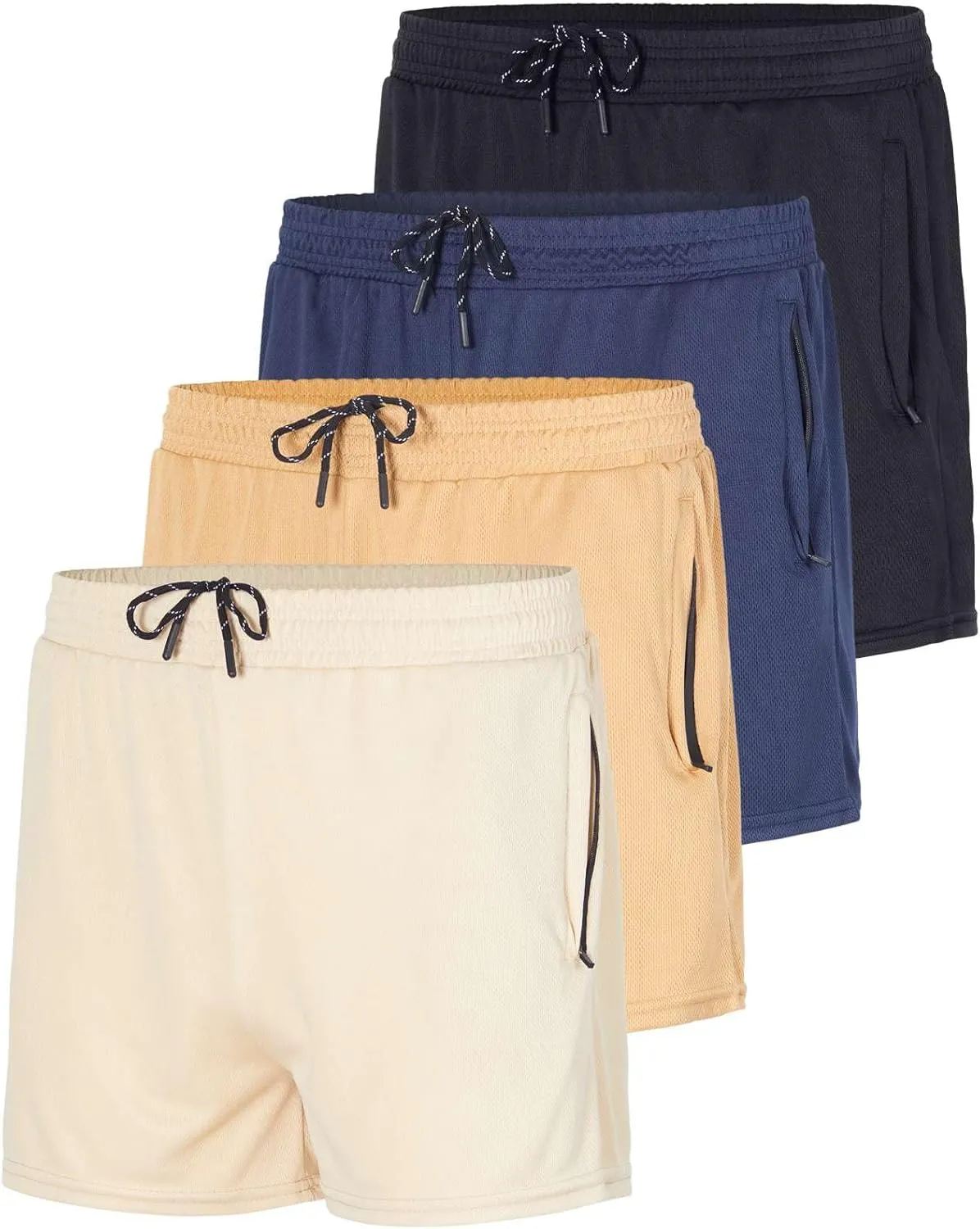 Real Essentials 4 Pack: Men's 3 Inch Mesh Running Short Shorts with Zipper Pockets - Quick Dry Gym Athletic