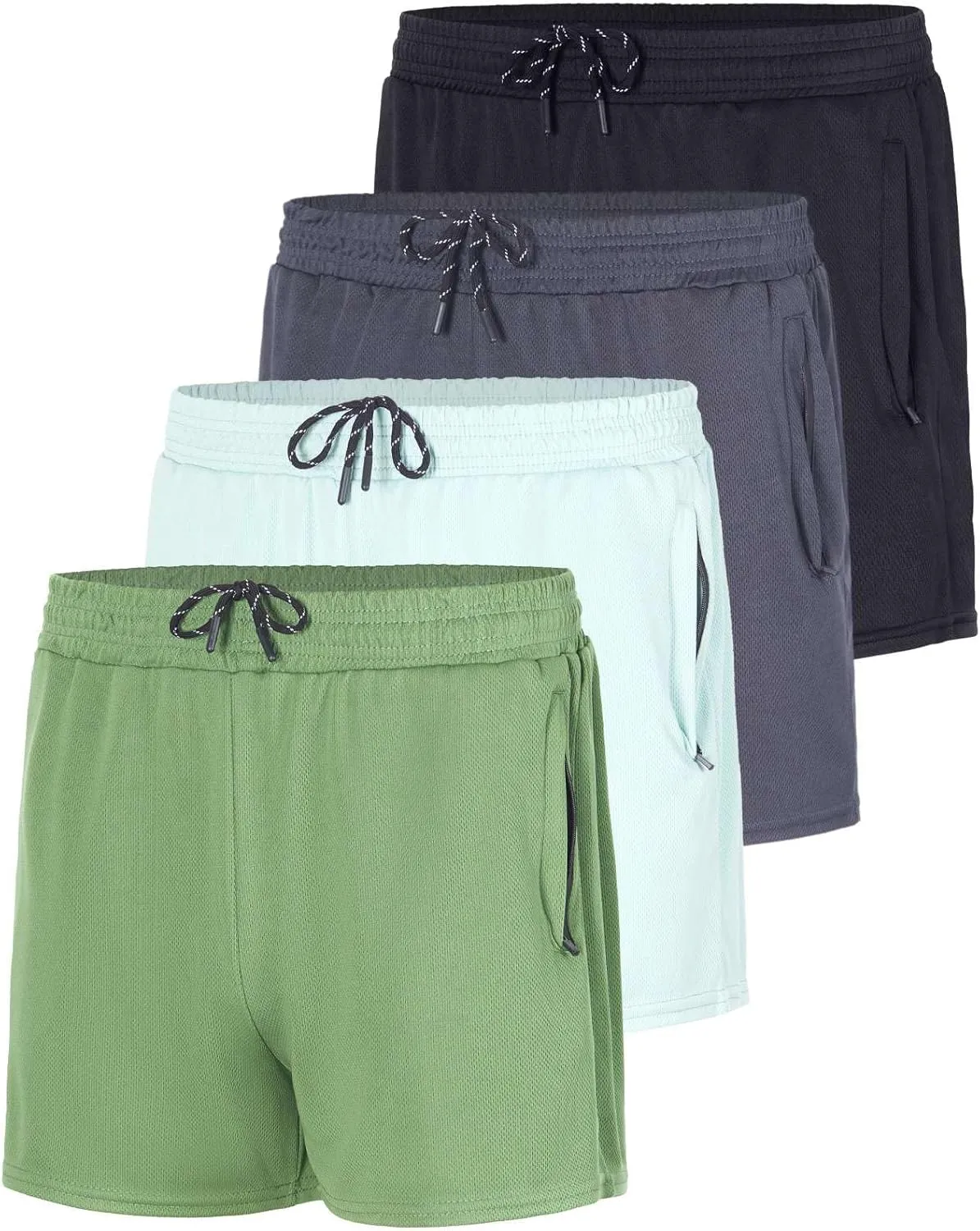 Real Essentials 4 Pack: Men's 3 Inch Mesh Running Short Shorts with Zipper Pockets - Quick Dry Gym Athletic