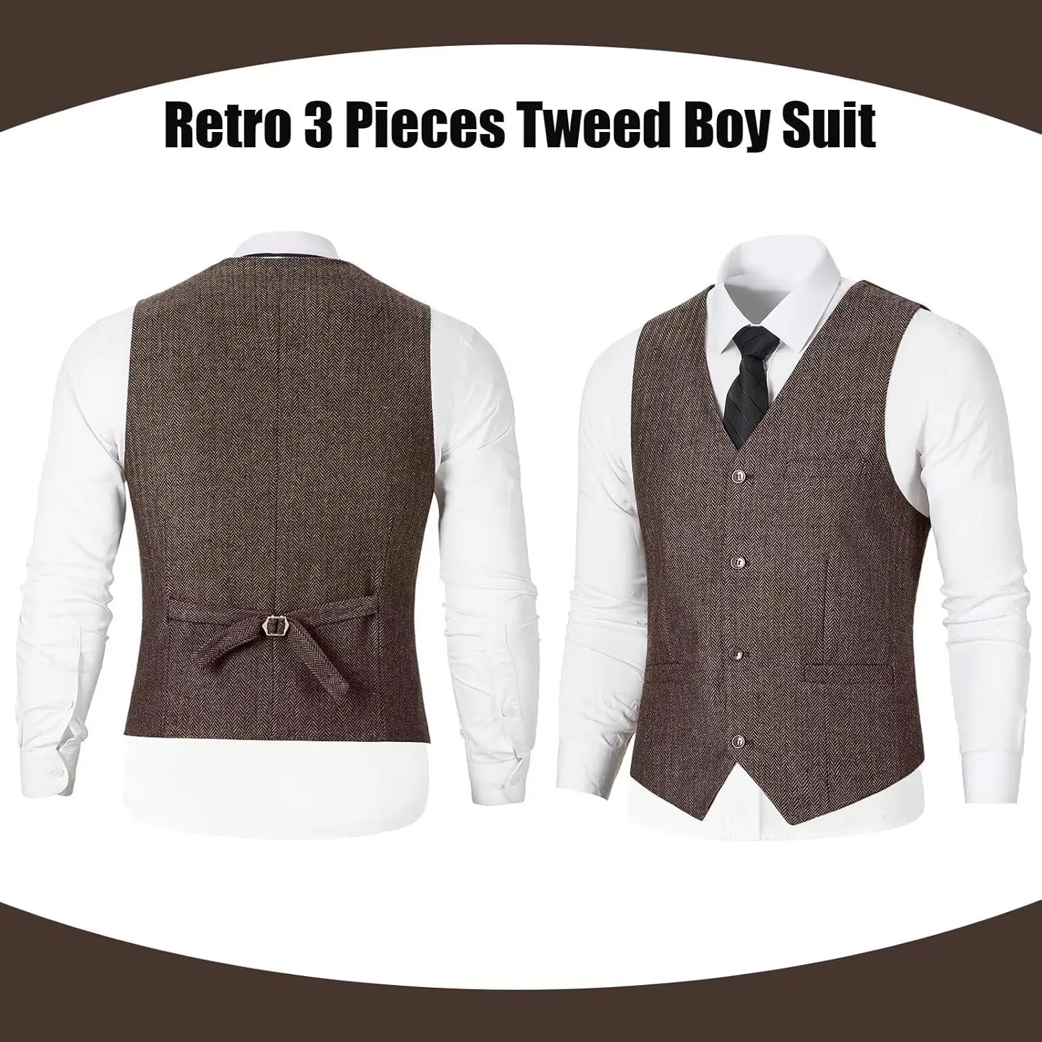 Retro 3 Pieces Slim Fit Boy Suit Tweed Herringbone Formal Stylish Vest Tuxedo Pants Wedding Homecoming Dress Wear Set
