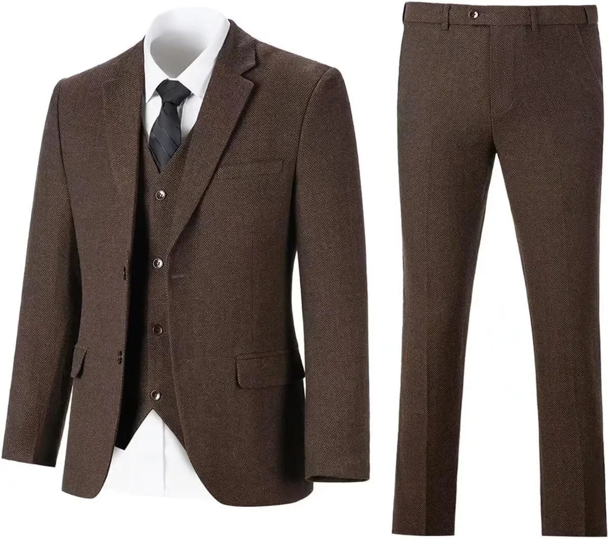 Retro 3 Pieces Slim Fit Boy Suit Tweed Herringbone Formal Stylish Vest Tuxedo Pants Wedding Homecoming Dress Wear Set