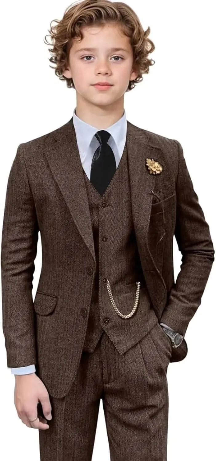 Retro 3 Pieces Slim Fit Boy Suit Tweed Herringbone Formal Stylish Vest Tuxedo Pants Wedding Homecoming Dress Wear Set