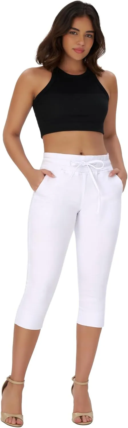 roswear Women's Pull on Drawstring Capri Jeans High Waisted Stretchy Elastic Waist Denim Pants