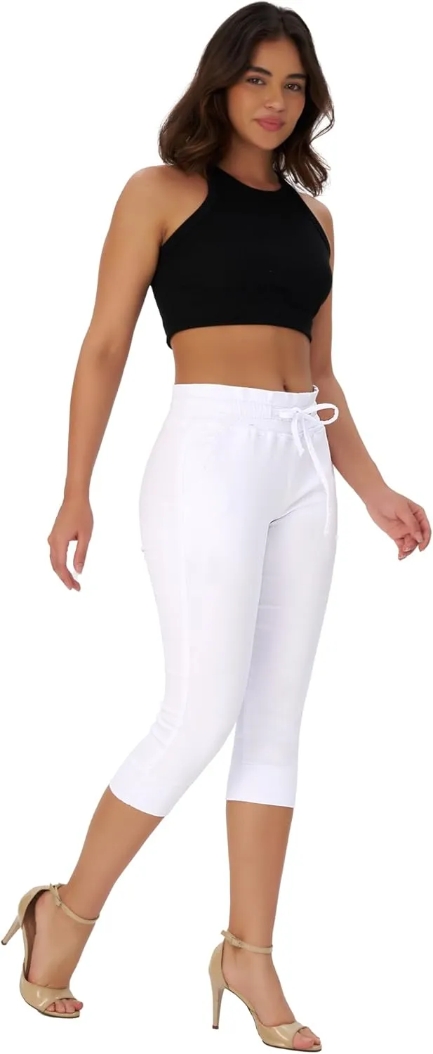 roswear Women's Pull on Drawstring Capri Jeans High Waisted Stretchy Elastic Waist Denim Pants