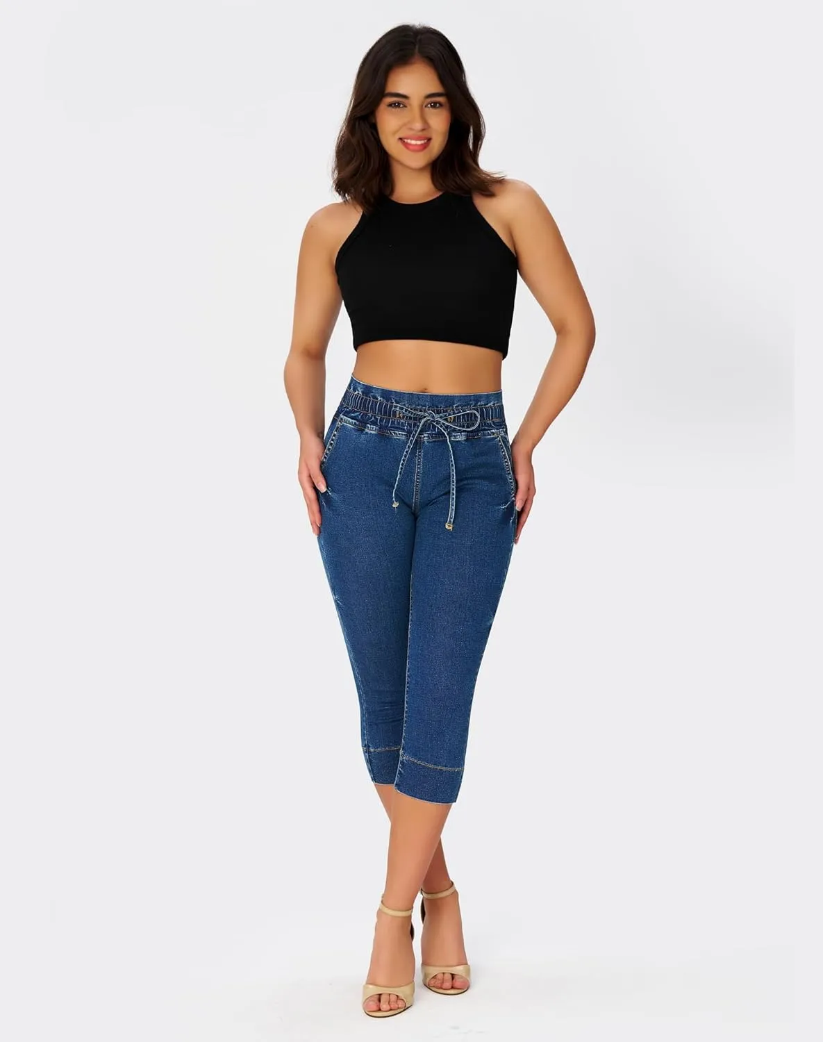 roswear Women's Pull on Drawstring Capri Jeans High Waisted Stretchy Elastic Waist Denim Pants