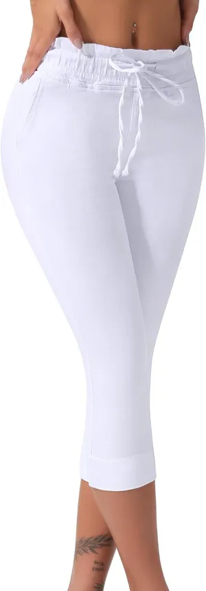 roswear Women's Pull on Drawstring Capri Jeans High Waisted Stretchy Elastic Waist Denim Pants