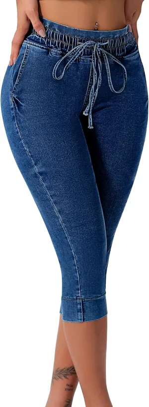 roswear Women's Pull on Drawstring Capri Jeans High Waisted Stretchy Elastic Waist Denim Pants