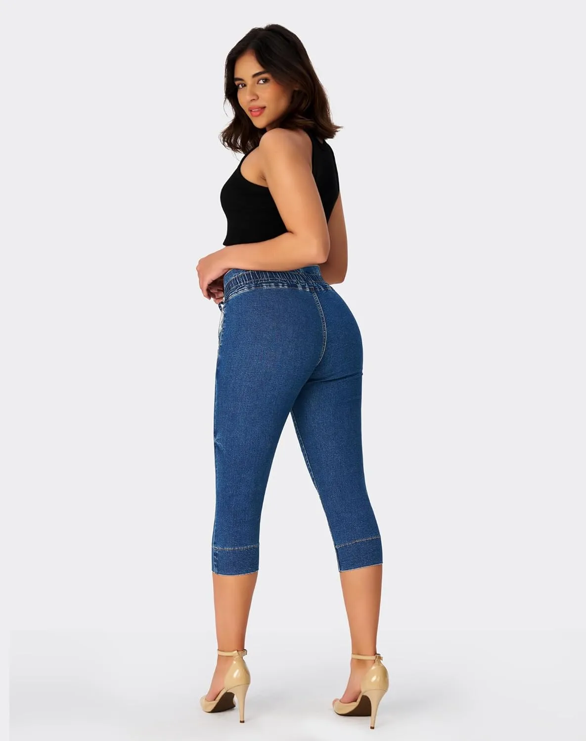 roswear Women's Pull on Drawstring Capri Jeans High Waisted Stretchy Elastic Waist Denim Pants