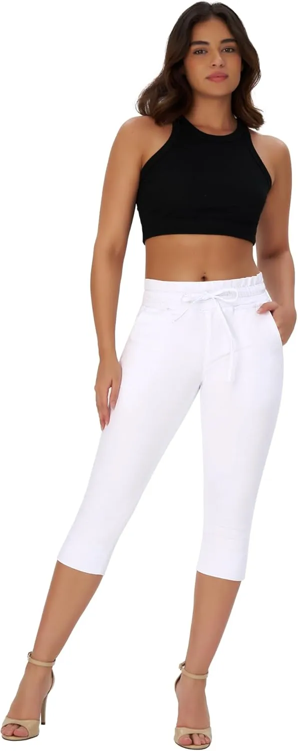 roswear Women's Pull on Drawstring Capri Jeans High Waisted Stretchy Elastic Waist Denim Pants