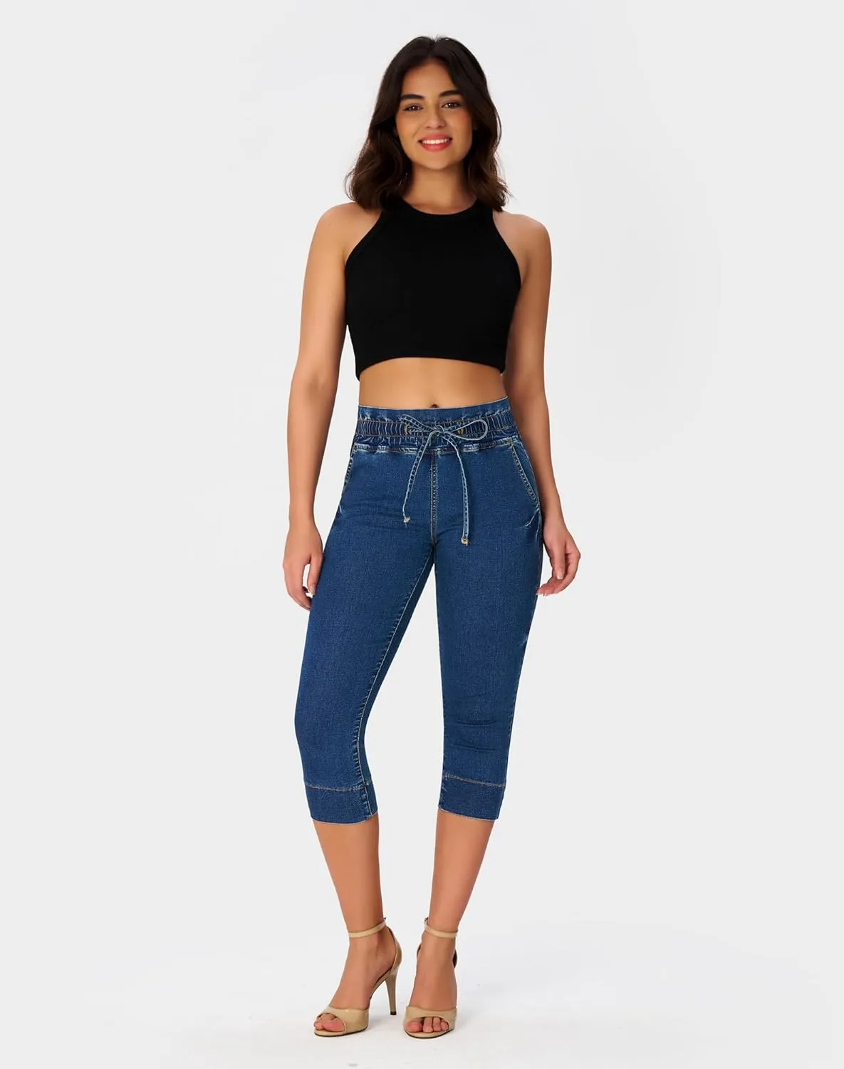 roswear Women's Pull on Drawstring Capri Jeans High Waisted Stretchy Elastic Waist Denim Pants