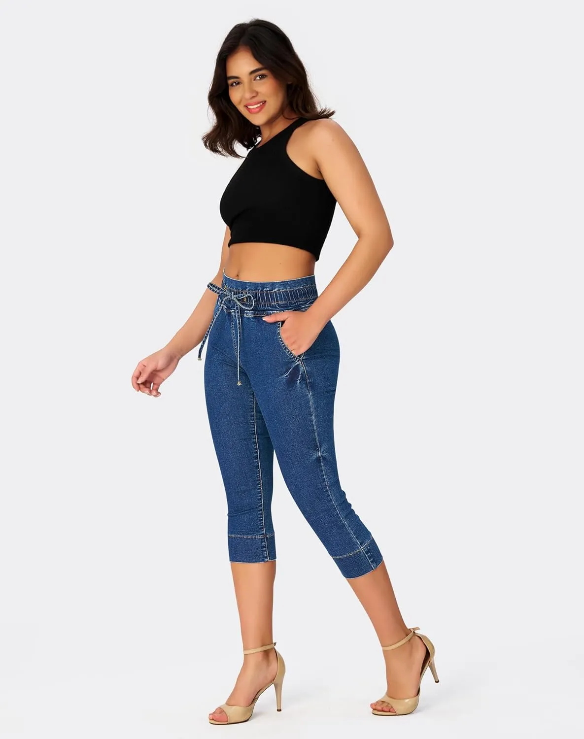 roswear Women's Pull on Drawstring Capri Jeans High Waisted Stretchy Elastic Waist Denim Pants