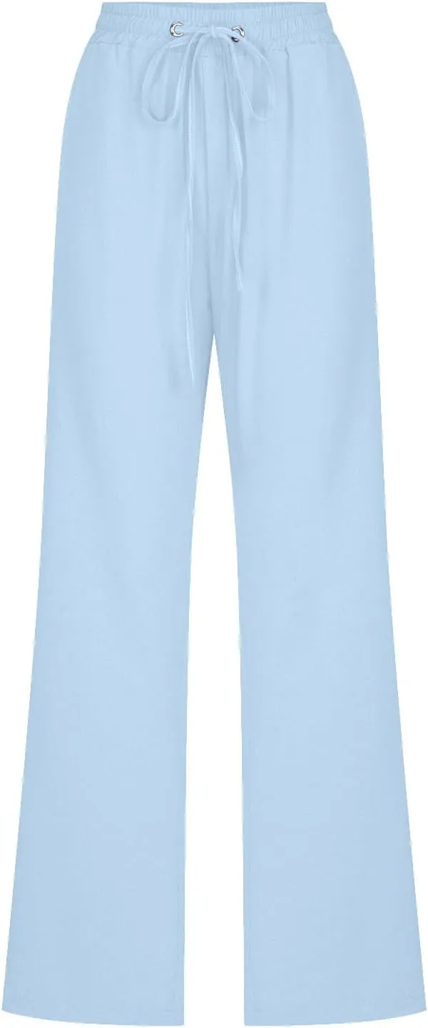 Ruziyoog Summer Cotton Linen Pants for Women Casual Solid Straight Leg Pants Drawstring Elastic High Waist Palazzo Trousers