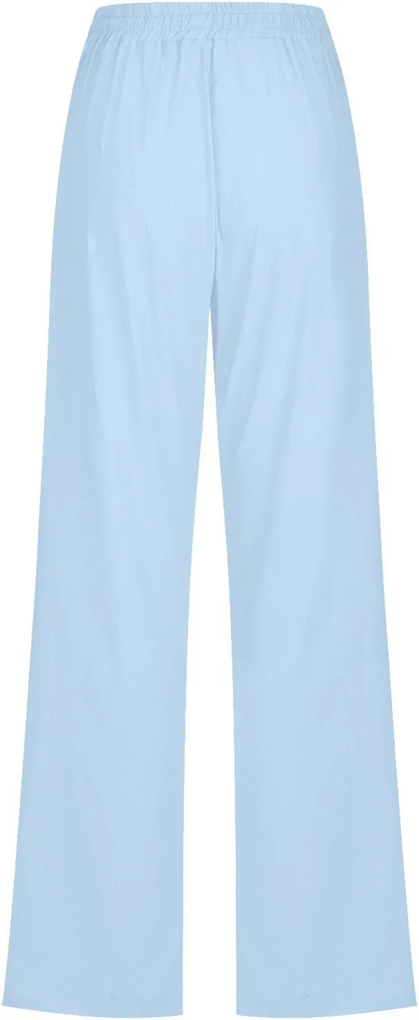 Ruziyoog Summer Cotton Linen Pants for Women Casual Solid Straight Leg Pants Drawstring Elastic High Waist Palazzo Trousers