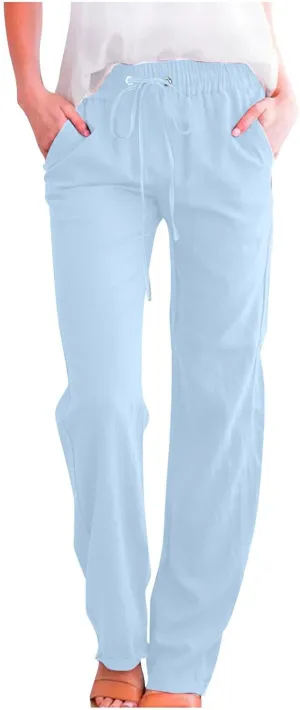 Ruziyoog Summer Cotton Linen Pants for Women Casual Solid Straight Leg Pants Drawstring Elastic High Waist Palazzo Trousers