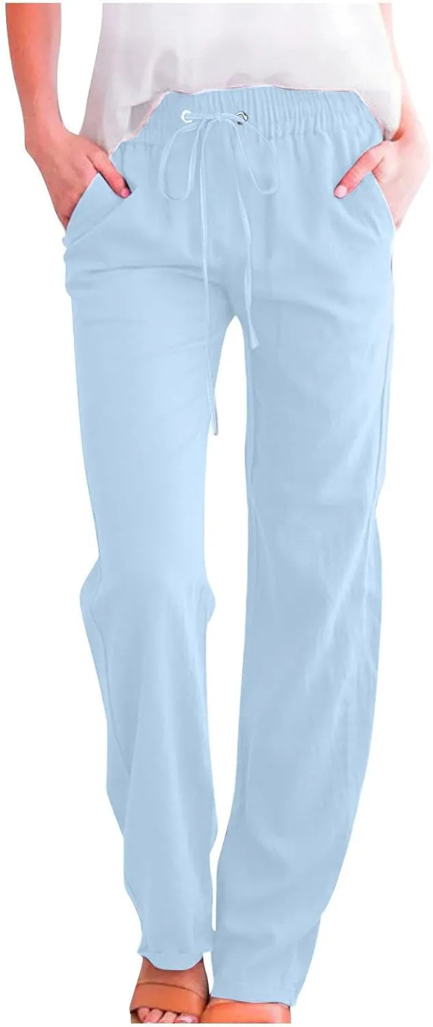 Ruziyoog Summer Cotton Linen Pants for Women Casual Solid Straight Leg Pants Drawstring Elastic High Waist Palazzo Trousers