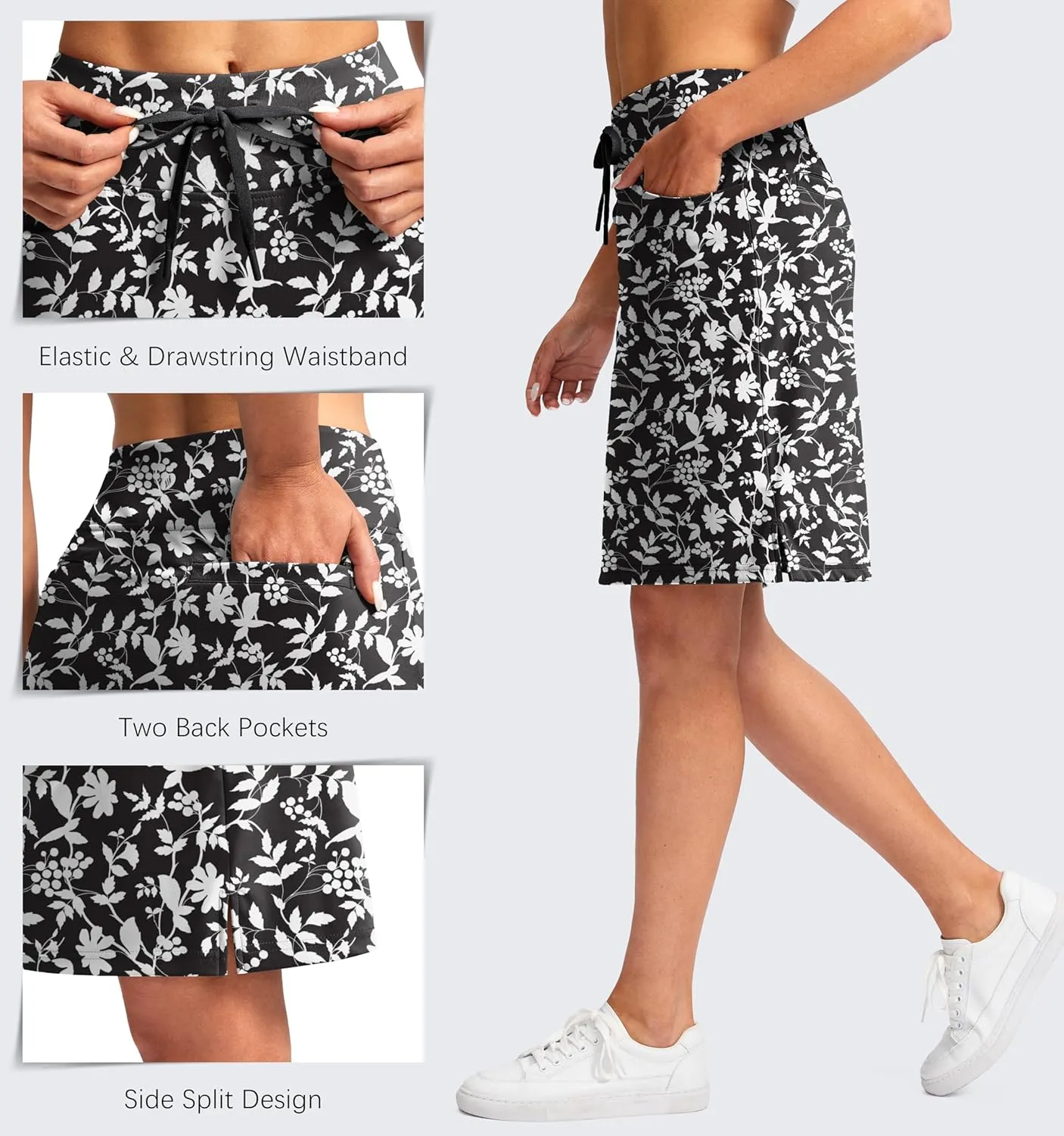 SANTINY Women's 20'' Knee Length Skorts Skirts 6 Pockets High Waisted Drawstring Long Athletic Tennis Golf Skirt Women