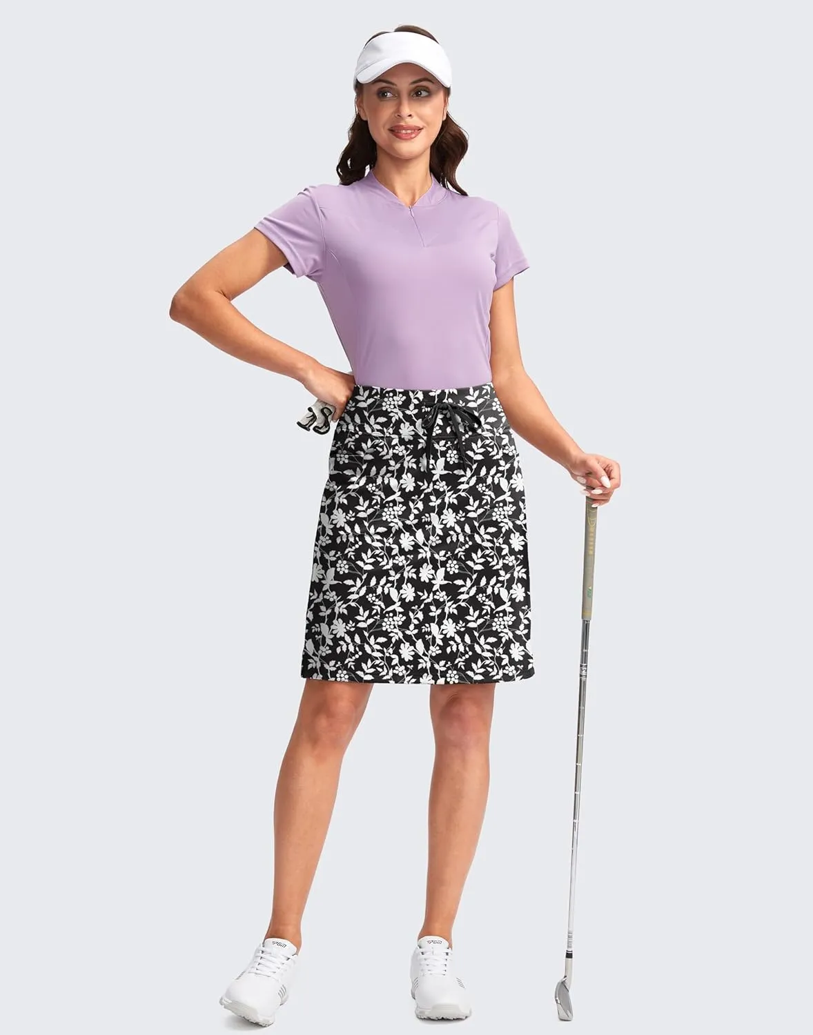 SANTINY Women's 20'' Knee Length Skorts Skirts 6 Pockets High Waisted Drawstring Long Athletic Tennis Golf Skirt Women