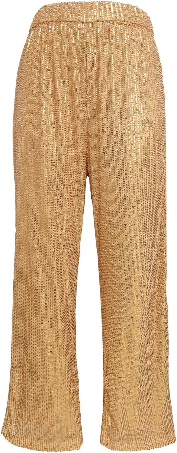 Sequin Pants for Women High Waisted Fashion Glitter Flare Bell Bottom Stretchy Casual Loose Night Party Wide Leg Trousers