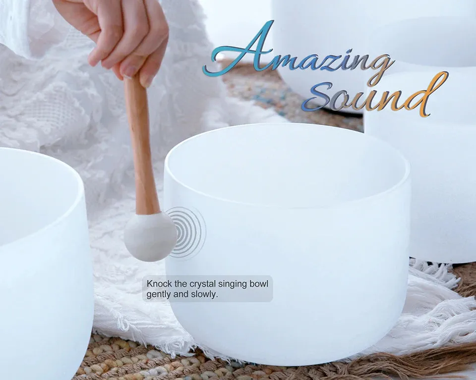 Set of 3 White Frosted Quartz Crystal Singing Bowls - Harmonize Your Space - Chakra-Tuned 8"B, 10"E, 12"C.