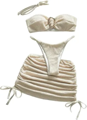 SHENHE Women's 3 Piece Bikini Sets Strapless Metal Ring Thong Bandeau Swimsuit with Cover Up
