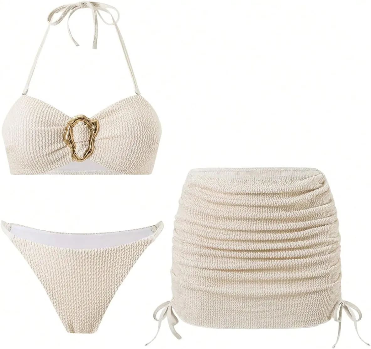 SHENHE Women's 3 Piece Bikini Sets Strapless Metal Ring Thong Bandeau Swimsuit with Cover Up