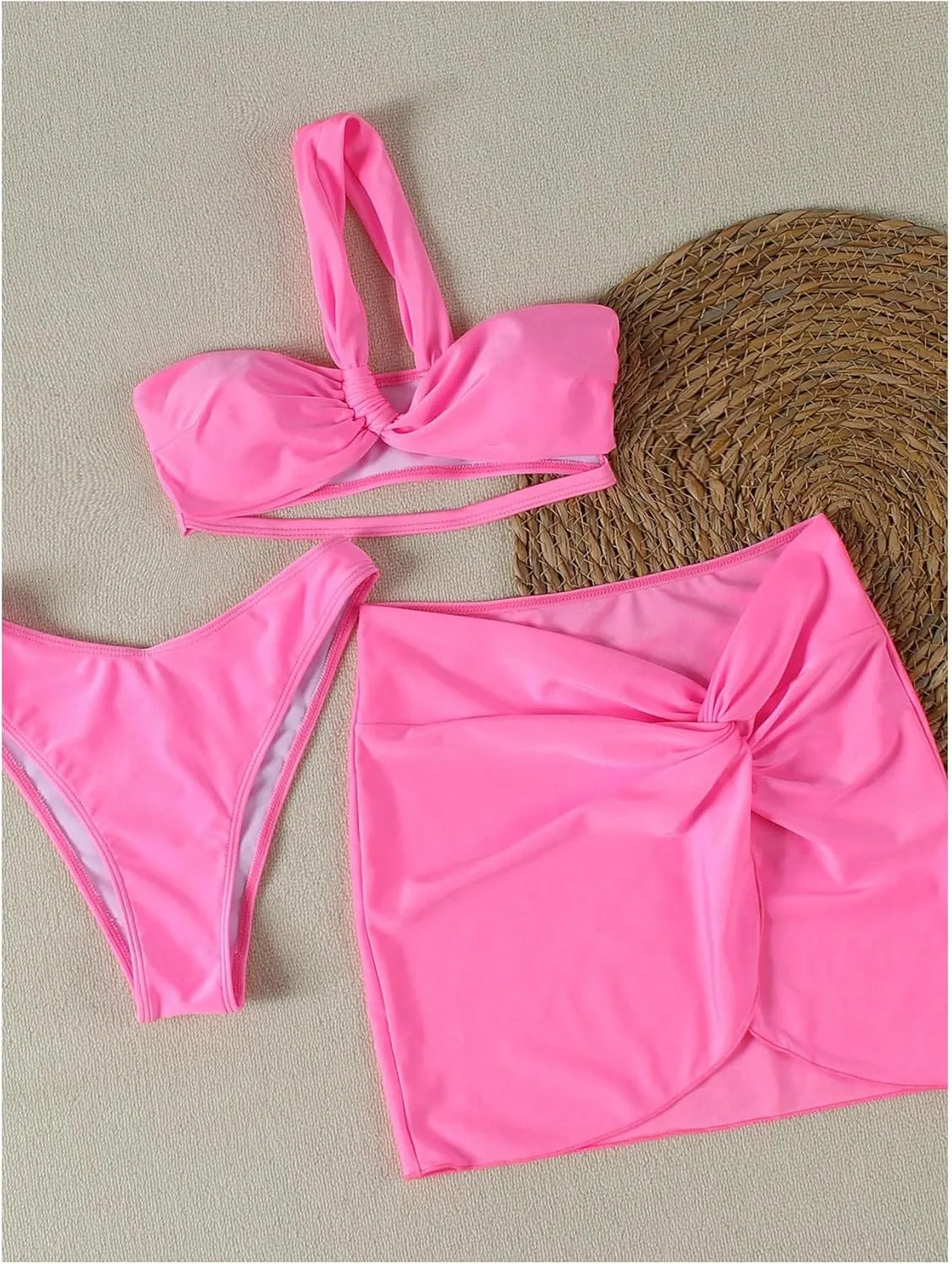SHENHE Women's 3 Piece Swimsuit One Shoulder Ruched Cut Out Bikini Set with Cover Up Skirt