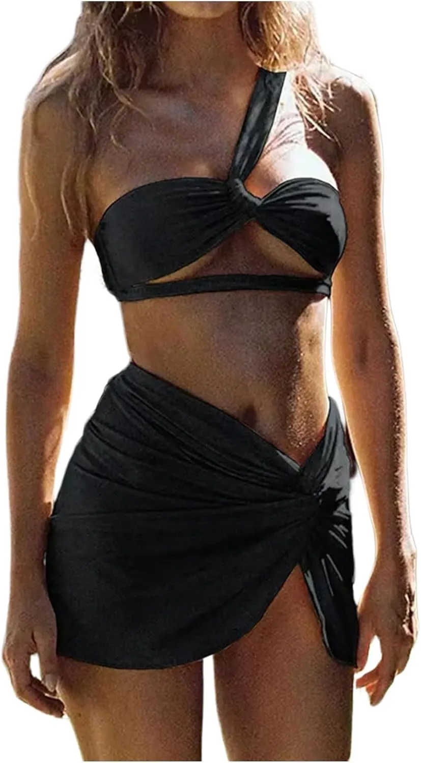 SHENHE Women's 3 Piece Swimsuit One Shoulder Ruched Cut Out Bikini Set with Cover Up Skirt