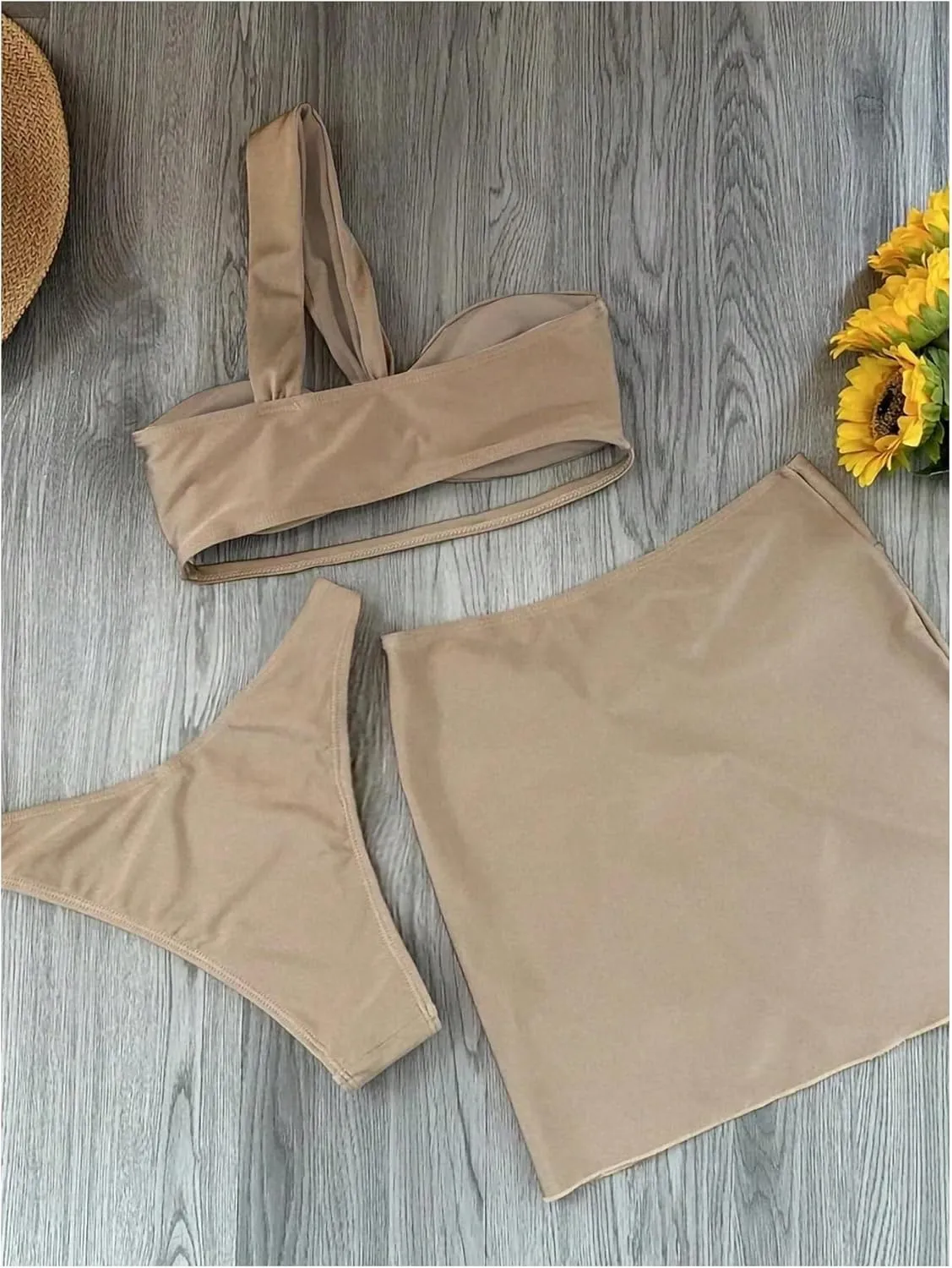 SHENHE Women's 3 Piece Swimsuit One Shoulder Ruched Cut Out Bikini Set with Cover Up Skirt