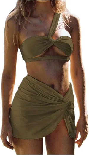 SHENHE Women's 3 Piece Swimsuit One Shoulder Ruched Cut Out Bikini Set with Cover Up Skirt