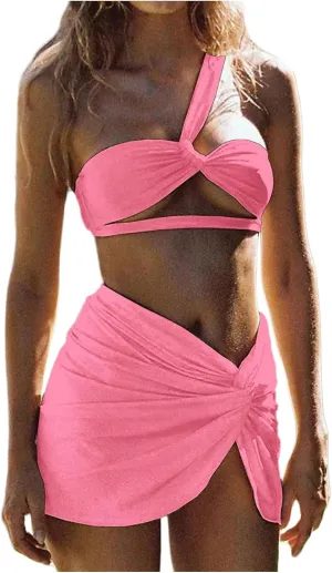 SHENHE Women's 3 Piece Swimsuit One Shoulder Ruched Cut Out Bikini Set with Cover Up Skirt