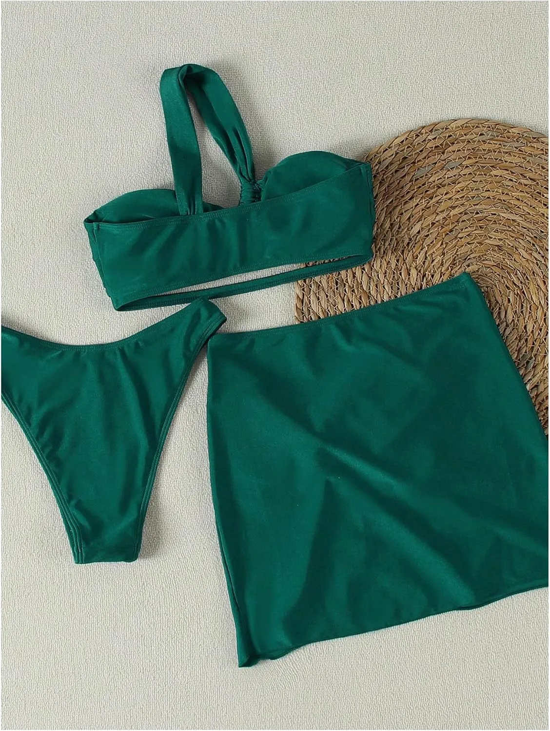 SHENHE Women's 3 Piece Swimsuit One Shoulder Ruched Cut Out Bikini Set with Cover Up Skirt